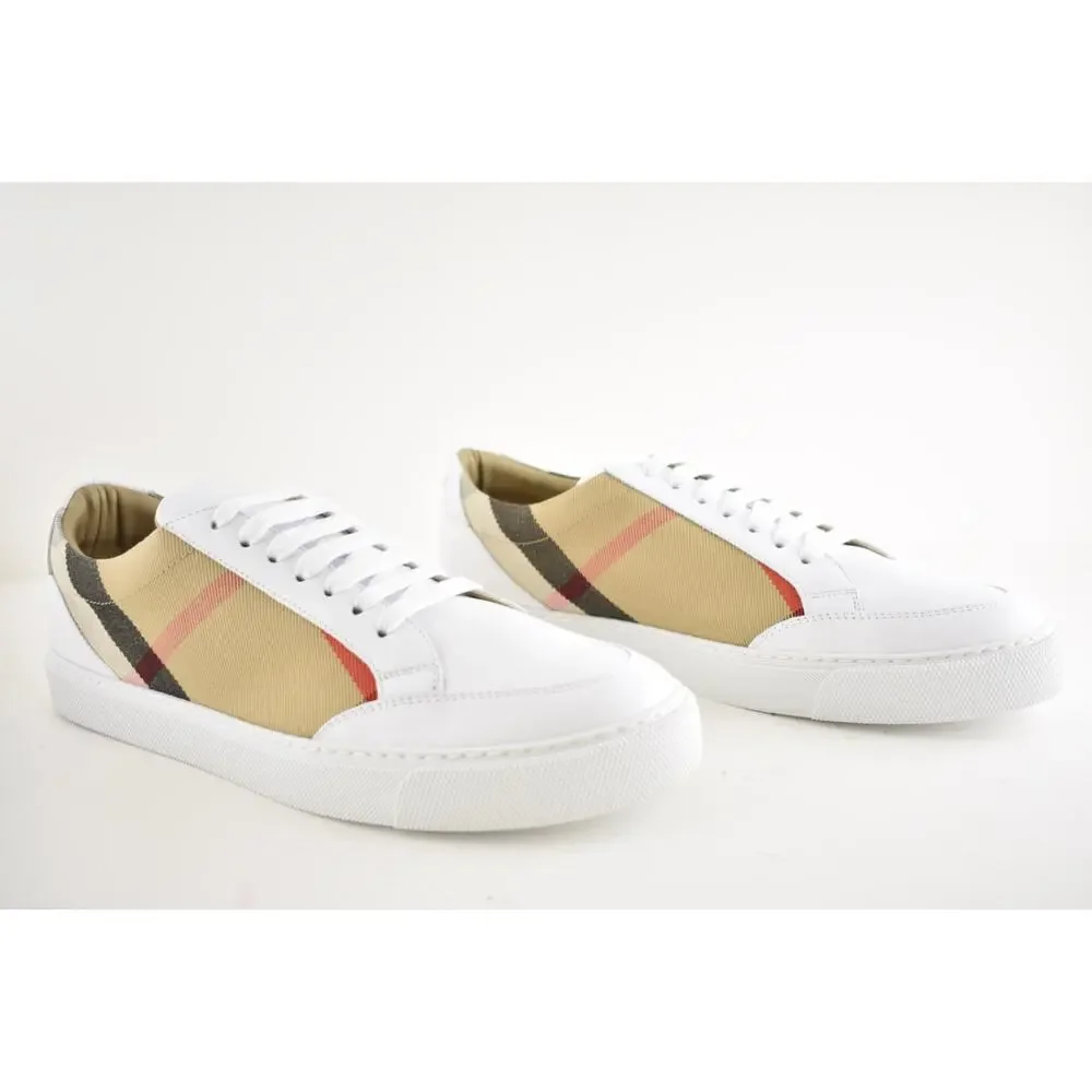 Burberry Salmond Vintage Check White Leather Logo Lace Up Low Top Sneaker 40.5